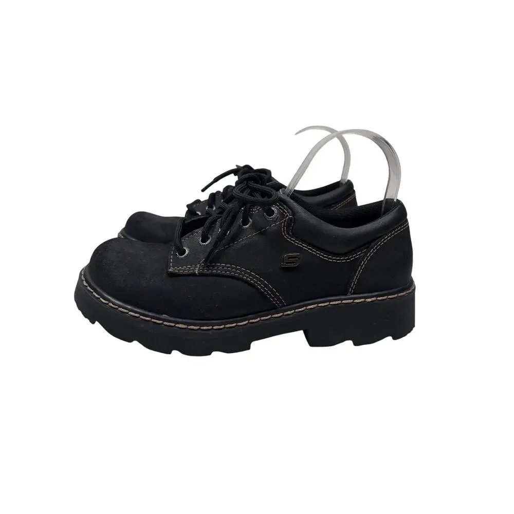 Skechers Parties - Mate Oxford Shoes Womens 8 Black Leather Lace Up Lug Sole Y2K